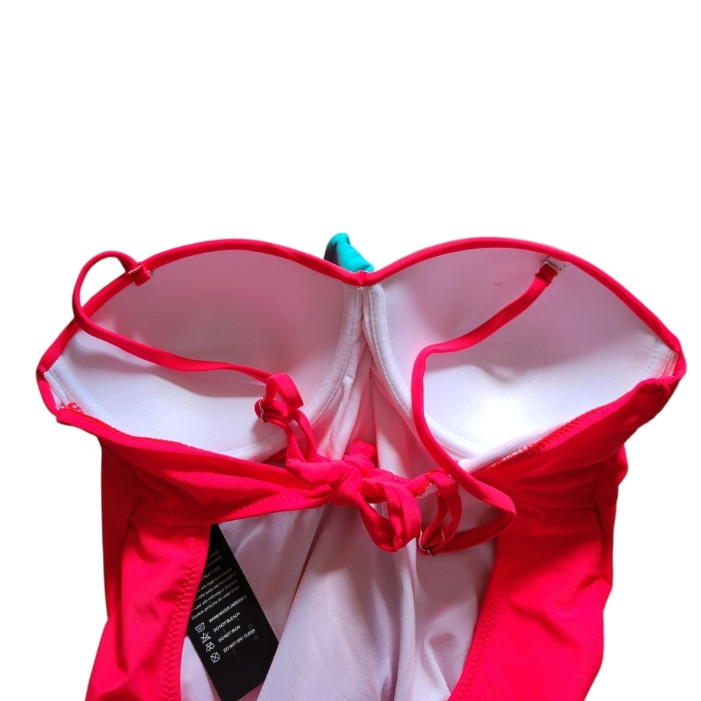 Classic Red One-Piece Swimsuit with Teal Ruffle Detail - Picture 5 of 7